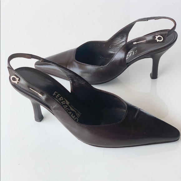 SALVATORE FERRAGAMO Slingback leather Rhinestone Pin Detail - Picture 2 of 9